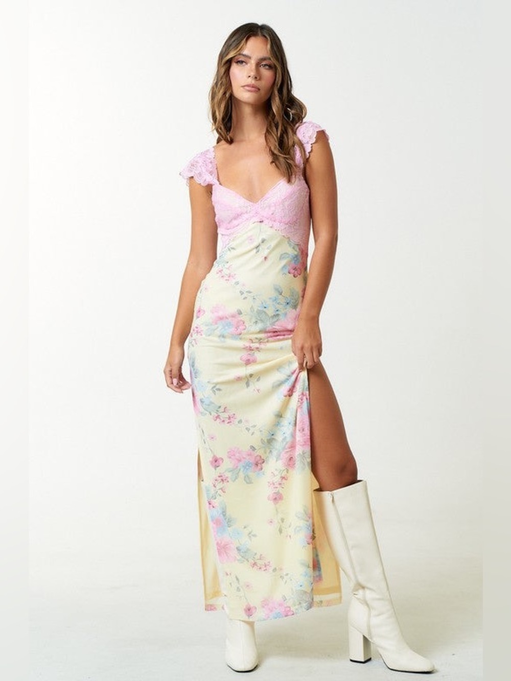 *24 HOUR SALE* Pretty In Pastels Floral Print Lace Maxi Dress - Picture 1 of 11
